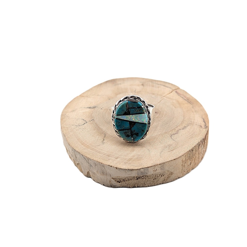 Handcrafted Navajo Turquoise Opal Inlay Oval Tri-Cut Ring Signed NA Sz 12 US** - Picture 3 of 10